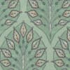 Stylized leaf clusters radiate upward in a repeating pattern on pale green fabric, outlined in brown with thin stems and small round bead-like nodes connecting the leaves.