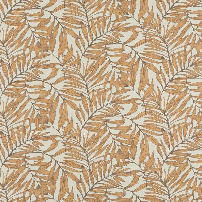 Palm-leaf wallpaper printed in a repeating pattern of ochre leaves across a cream wall, creating a warm, flat decorative surface in an interior setting.