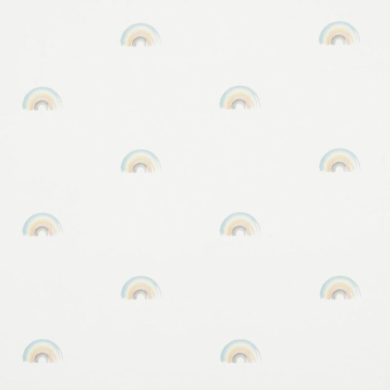 Pastel watercolor half‑rainbows, small and evenly spaced, form a repeating pattern across a white background, suggesting soft, minimal nursery wallpaper with diffuse, gentle lighting.