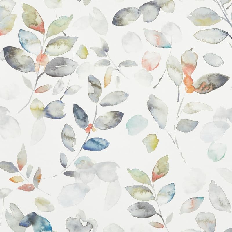 Translucent watercolor leaves and slender stems float and overlap on a white background, with soft muted blues, greens, grays and coral accents, resembling a delicate botanical wallpaper.