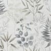 Delicate watercolor foliage: eucalyptus, fern, and slender leaf stems overlap and intertwine in muted greens, grays, and beiges on a pale, textured, fabric-like background.