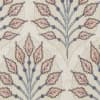 Fabric panel displays repeating stylized leaf branches forming fan-like sprays, rendered in muted pinks, blues and gray outlines on a cream background.