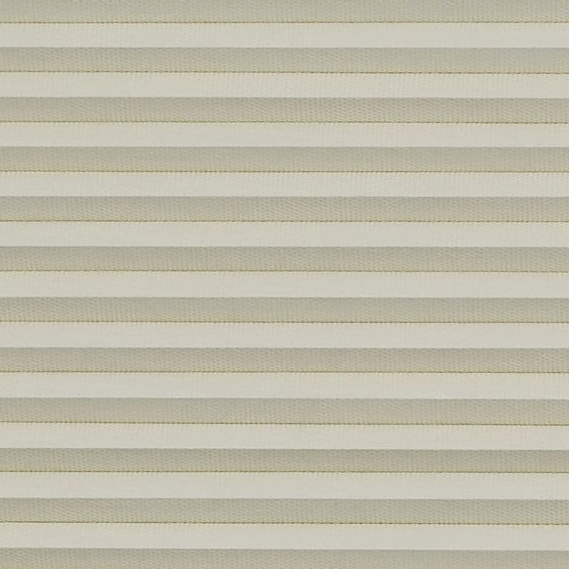 Horizontal pleated window blind, beige alternating light-and-dark fabric slats across full frame; fully closed, subtly filtering light; neutral indoor setting with soft, even ambient light, no visible view.