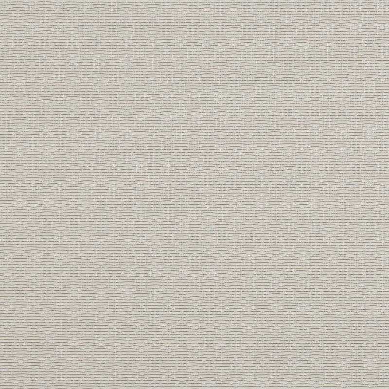 Cream wallpaper with fine horizontal wavy dashed lines, covering a wall in a subtle repeating pattern, shown close-up under soft, even lighting.