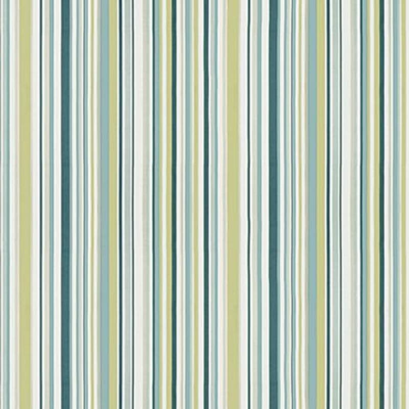Vertical fabric curtain, tightly closed, displaying alternating thin and wide teal, aqua, lime, beige and white stripes; close-up, evenly lit interior view emphasizing the patterned textile.