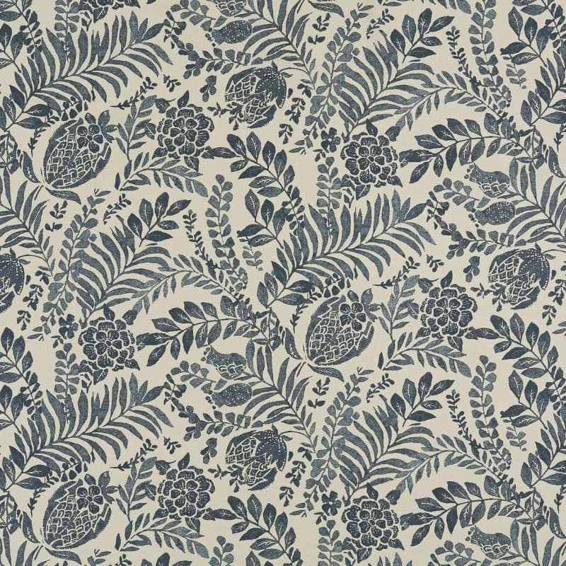Indigo botanical block-print wallpaper covering the surface, repeating fern fronds, flowers and fruit-like motifs; printed on a cream background, flat and evenly lit, decorative textile-like pattern.