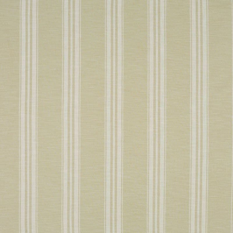 Beige-and-cream vertical striped fabric wallpaper with alternating thin and wider textured bands; covering a flat wall surface, providing subtle, neutral decoration under soft, even lighting.