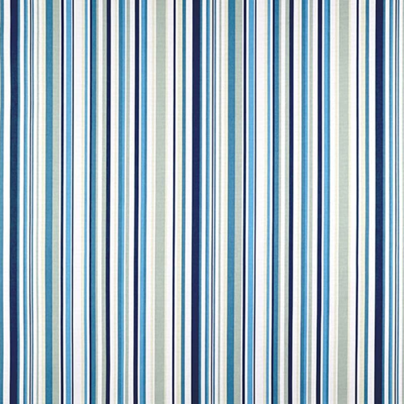 Vertical-striped fabric curtain filling the frame; alternating narrow and wide bands of navy, teal, sky blue and white; hung closed and flat, suggesting a bright interior wall or window covering.