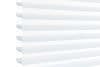 Layered horizontal zebra blinds—alternating opaque white and sheer pale-blue bands with scalloped left edge—filtering soft daylight across a window, bright minimal interior with high-key lighting.