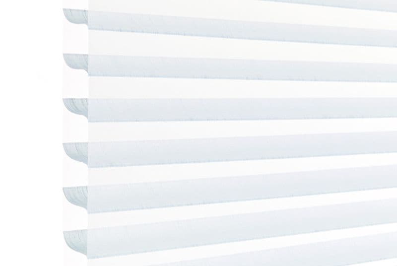 Layered horizontal zebra blinds—alternating opaque white and sheer pale-blue bands with scalloped left edge—filtering soft daylight across a window, bright minimal interior with high-key lighting.