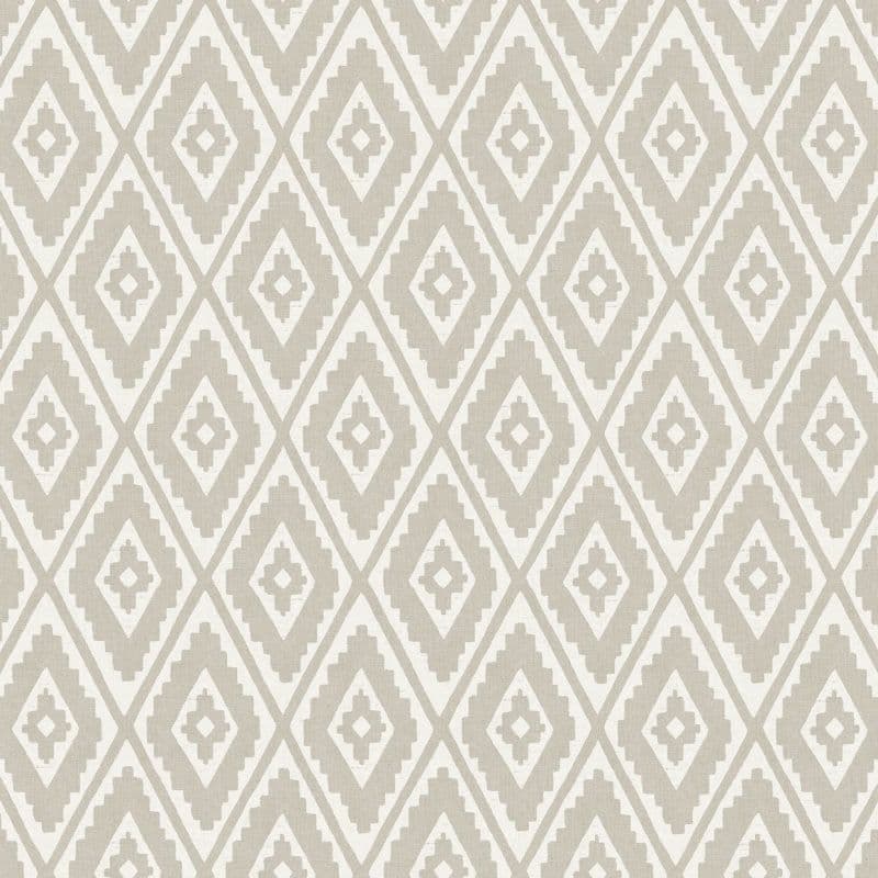 Beige-and-white ikat-style diamond patterned wallpaper (object) repeats uniformly across a flat surface (action), creating a neutral, evenly lit textile-like background with no visible furnishings or view (context).