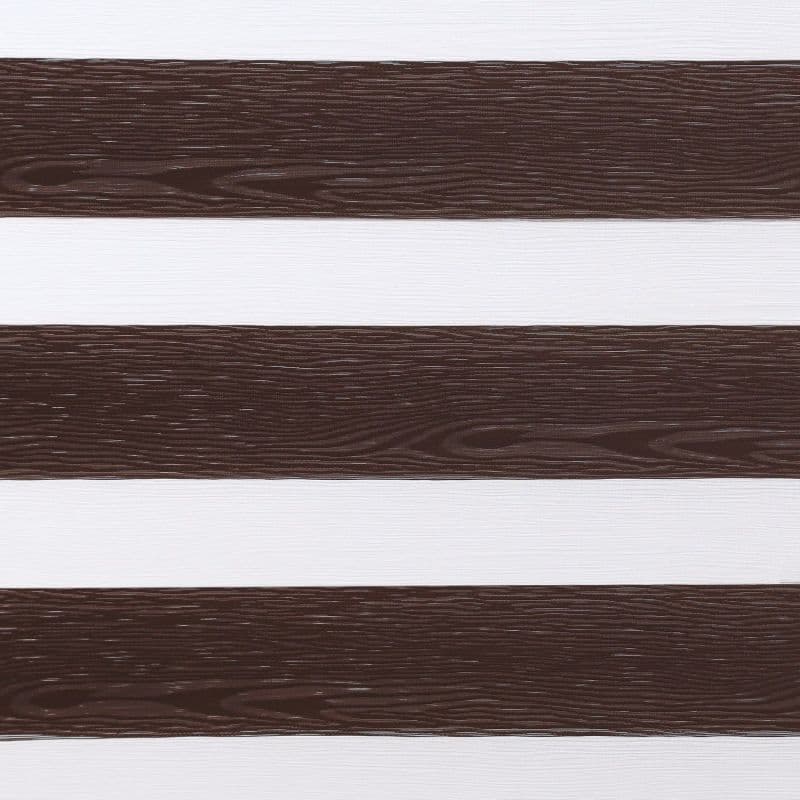 Dual-layer zebra roller blind with horizontal brown wood-grain slats alternating with white sheer bands; alternating bands block and admit light; close-up fills frame, neutral indoor lighting, no visible window.