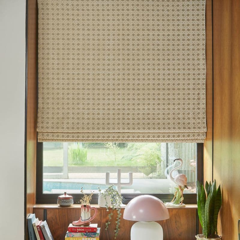 Beige, woven-pattern Roman blind lowered over a wood-framed window, filtering soft daylight; windowsill holds plants, a pink mushroom lamp, flamingo figurine, stacked books, and a garden/pool view.
the bikini book