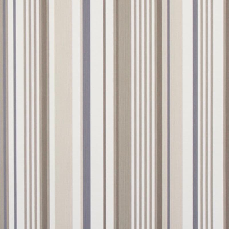 Vertical-striped fabric curtain with alternating cream, beige, taupe and pale blue bands; hanging flat and covering a surface in an indoor setting with soft, even lighting.