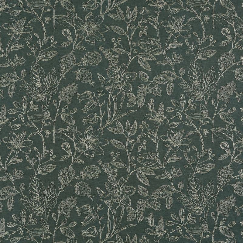 Dark green wallpaper with cream, sketch-like botanical and leaf motifs; repeats across a flat surface; close-up, evenly lit, no other objects or room elements visible.