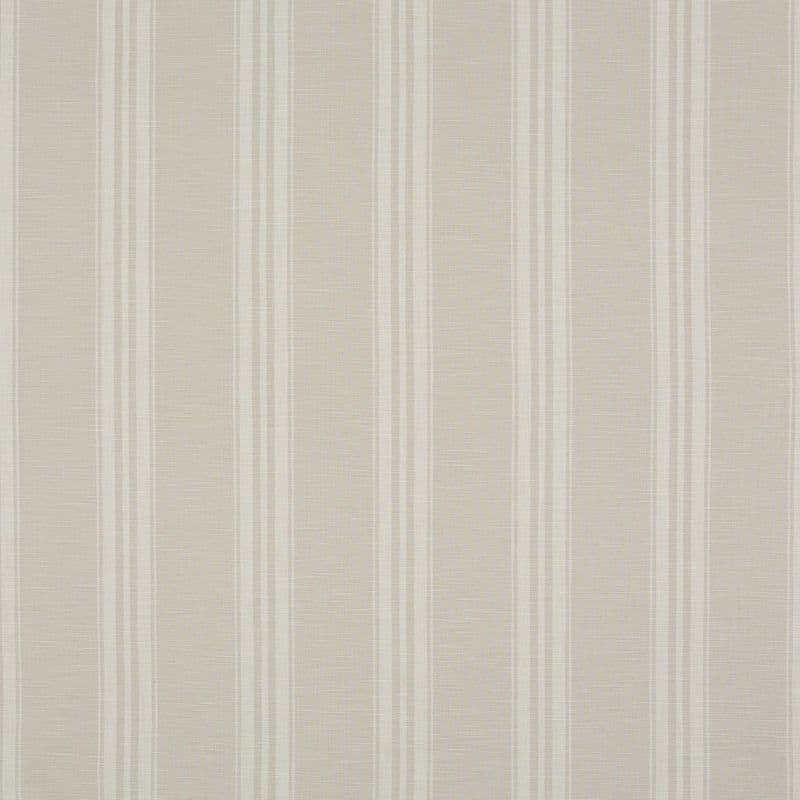 Beige-and-cream vertical striped wallpaper with alternating narrow and wide linen-texture bands, covering a flat wall surface and creating subtle vertical banding in even, neutral interior lighting.