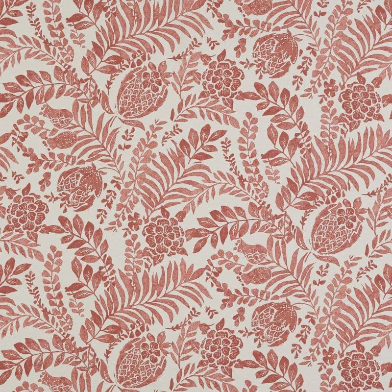 Patterned wallpaper (coral-red botanical prints of leaves, flowers and pomegranate-like fruit) — printed in repeating motifs — photographed flat as a close-up sample on a cream background, evenly lit.
