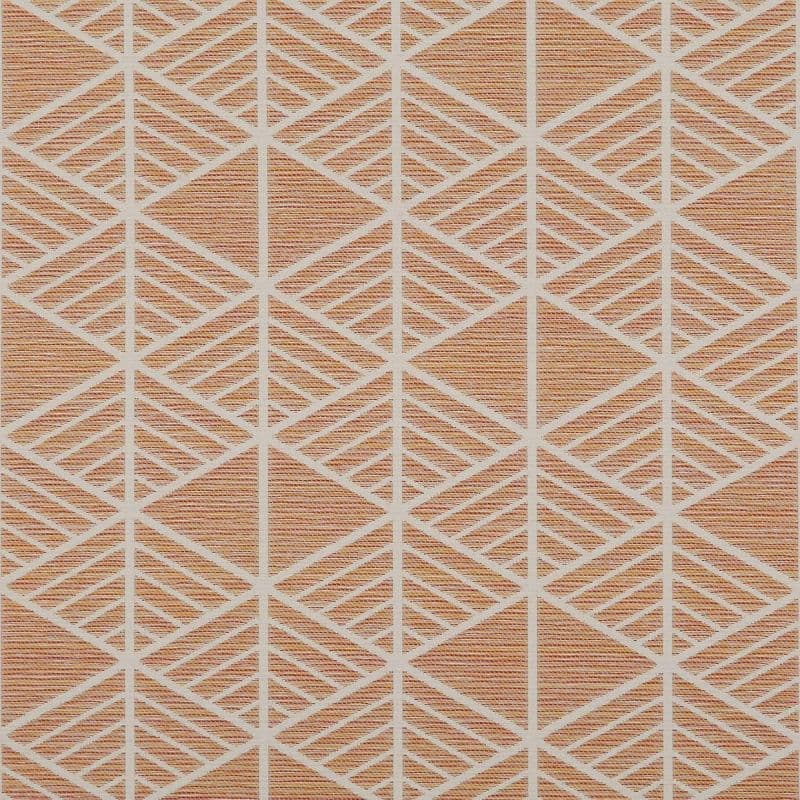 Woven textile with white lattice of diagonal-striped diamonds; lying flat and covering a surface, close-up, evenly lit, warm terracotta background.