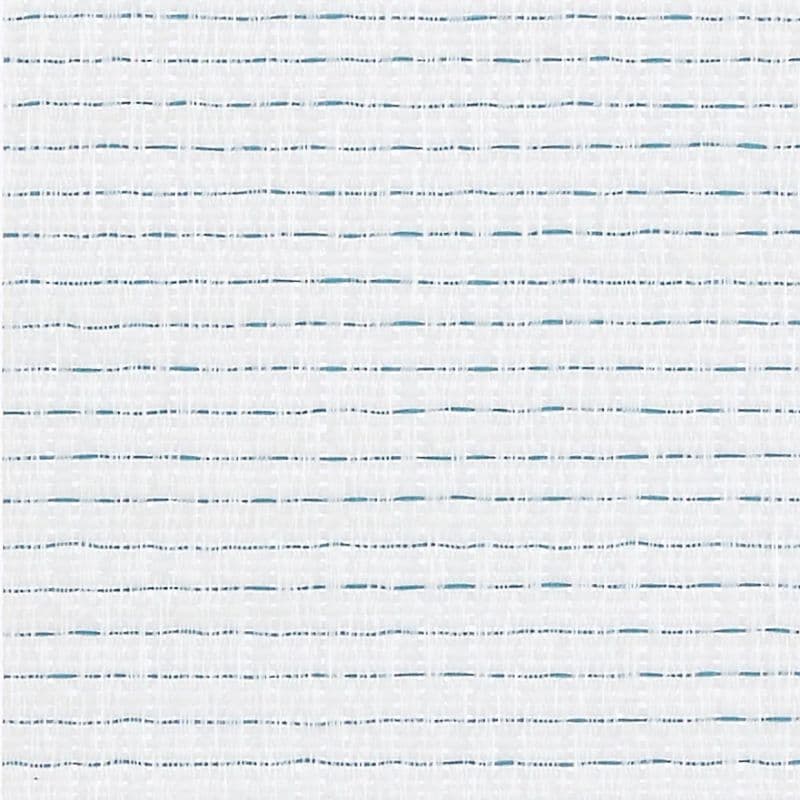 White woven textile with thin irregular teal and dark-gray dashed horizontal stripes; laid flat to reveal a subtle open weave; close-up sample under neutral, even lighting.