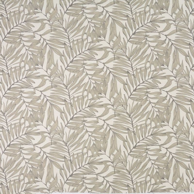 Wallpaper with repeating beige-gray palm-leaf motif and fine-line, linen-like texture; covering a flat surface; neutral, softly lit background providing subtle botanical decor.