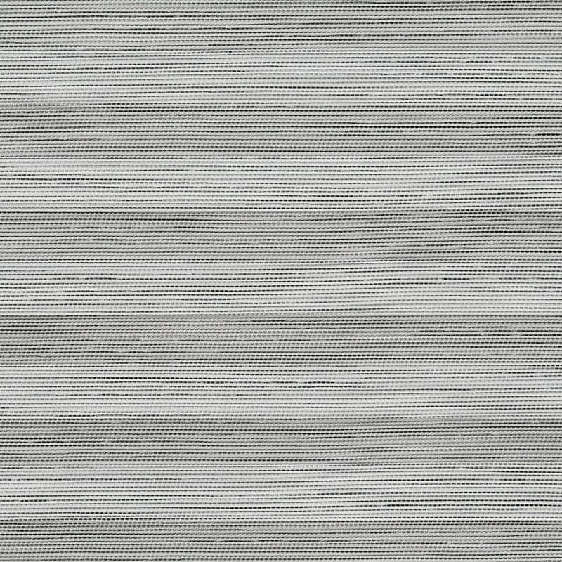 Horizontal woven roller blind — closed, filtering light subtly — tight close-up of grey, finely striped fabric texture with alternating thin dark and light horizontal bands.
