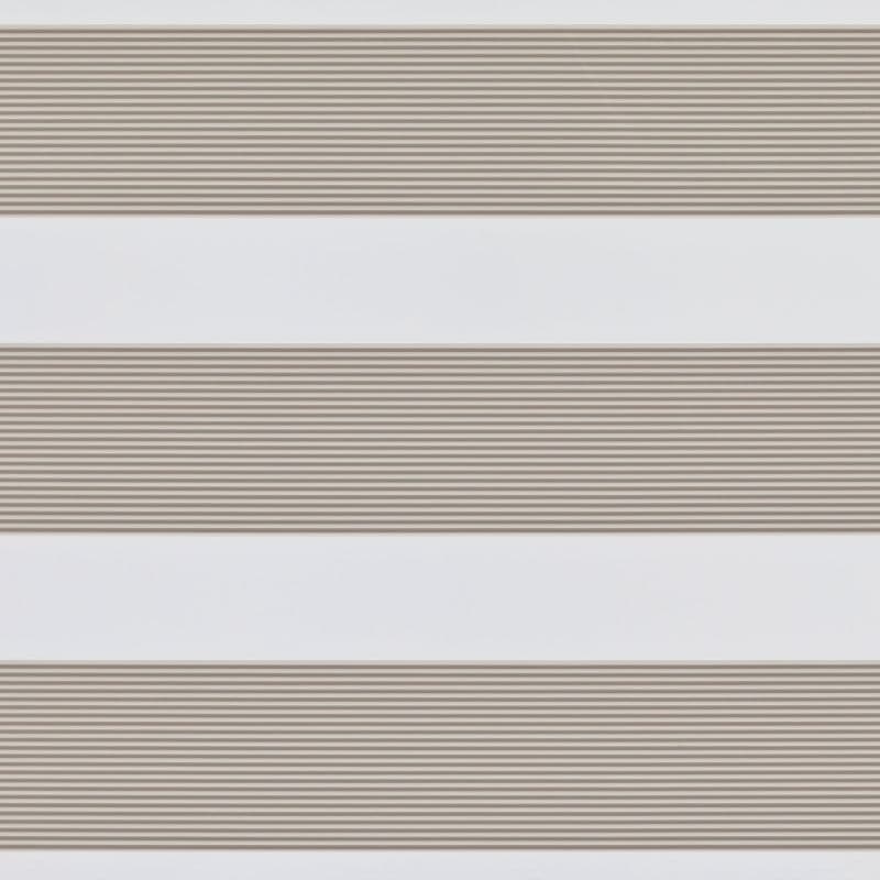 Horizontal dual-layer zebra blinds with beige pleated opaque stripes alternating with white sheer bands, partially filtering and diffusing daylight across a neutral, minimalist interior.