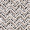 Chevron-patterned wallpaper of staggered brushstroke squares creates repeating zigzag bands in muted tan, brown and black on a pale background, giving a subtle textured, woven appearance.