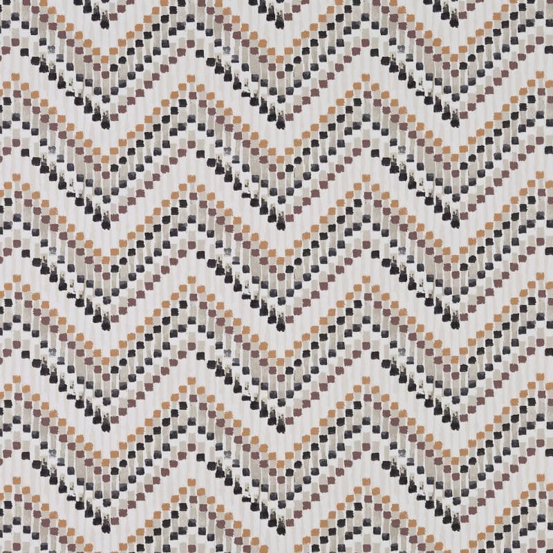 Chevron-patterned wallpaper of staggered brushstroke squares creates repeating zigzag bands in muted tan, brown and black on a pale background, giving a subtle textured, woven appearance.