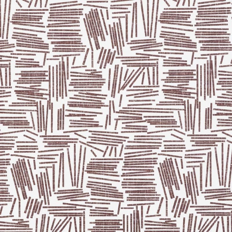 Wallpaper featuring distressed brown short linear strokes grouped into irregular stacked rectangles repeating across the surface on a white background, flat and evenly lit, modern geometric design.