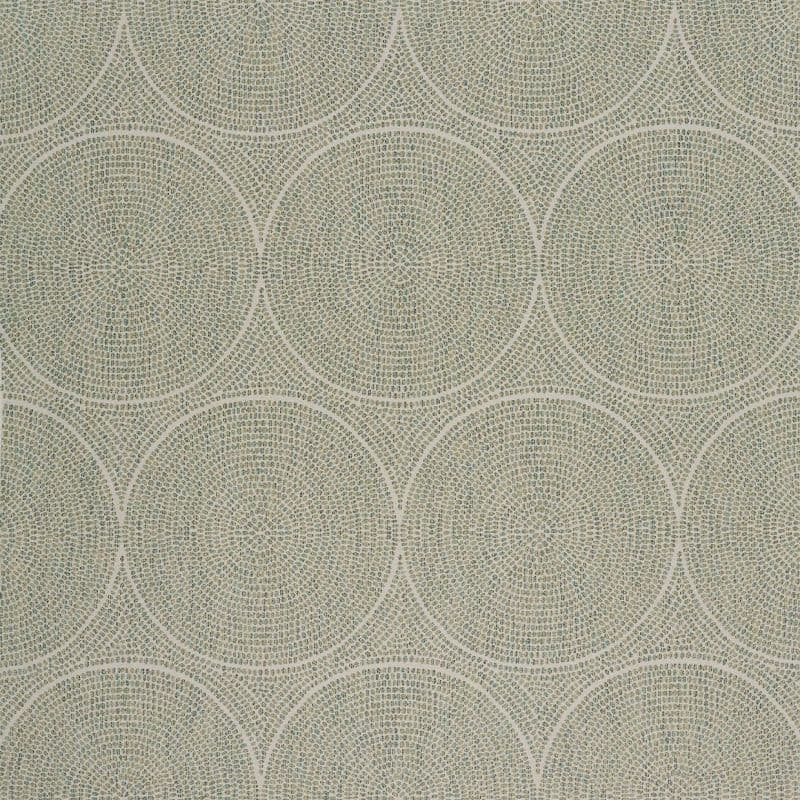 Textured wallpaper with overlapping concentric circular mosaic patterns in muted beige, green, and gray, repeating across and covering the entire surface, on a flat interior wall under soft, even light.