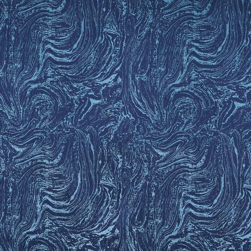 Navy-blue marbled wallpaper with light-blue swirling veins, repeating pattern covering the surface, creating textured, organic waves; flat, evenly lit close-up view.