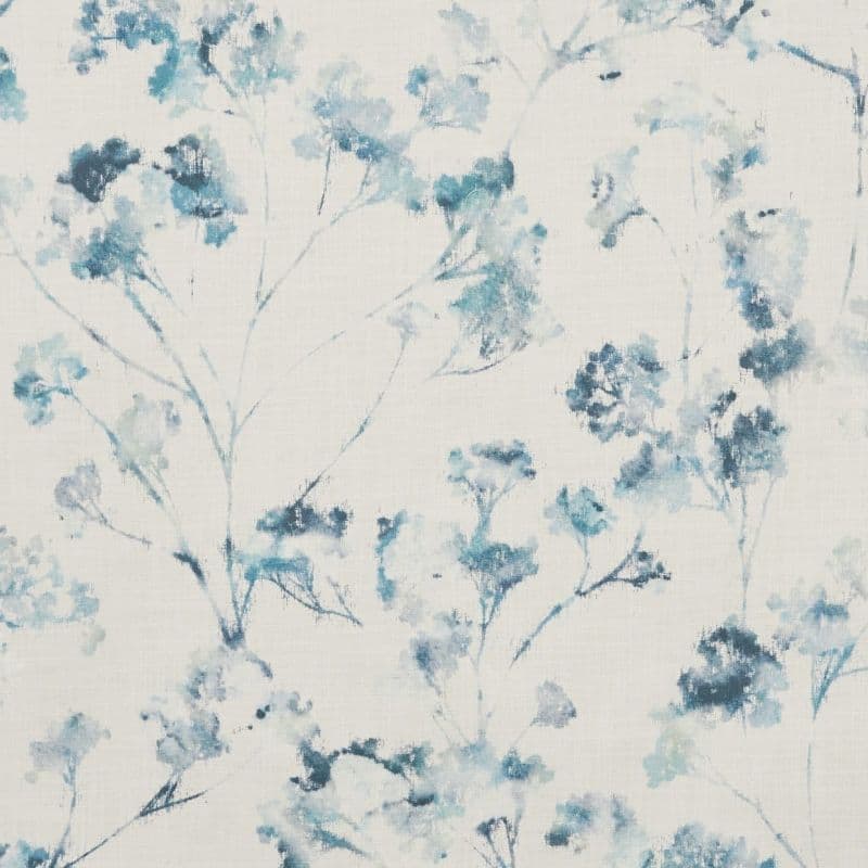 Light linen-like fabric with blue watercolor floral print — softly printed over a white background — creating a delicate, airy botanical pattern suitable for curtains or wallpaper.