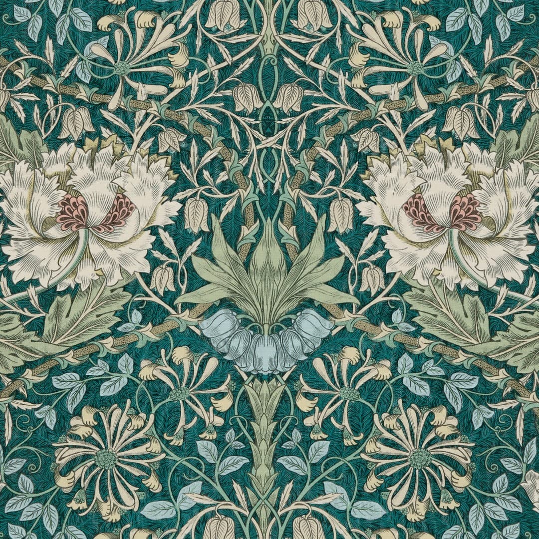 Decorative Arts-and-Crafts floral wallpaper: symmetrical, densely patterned cream peonies, pale green leaves and curling vines on deep teal background; repeating motif covers a flat surface, evoking vintage interior décor.