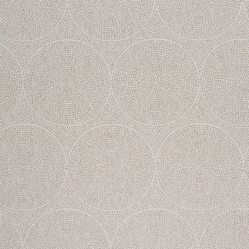 Beige patterned wallpaper with repeated concentric circular medallions, fine dotted texture; lies flat covering a wall, evenly lit close-up, suggesting a quiet, modern interior backdrop.