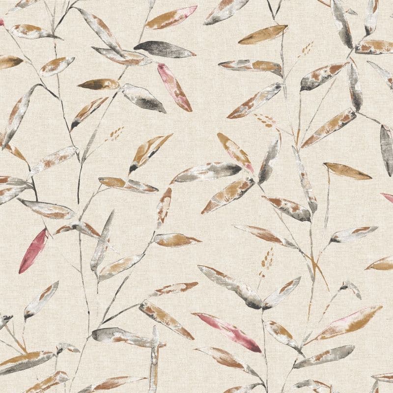 Watercolor-style slender leaves and stems printed across a beige linen-textured surface; leaves in muted ochre, gray and rose tones, forming a repeating botanical wallpaper pattern.