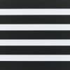 Zebra-style layered roller blind, horizontal alternating opaque white and dark textured black bands covering the window; aligned to form alternating solid and sheer stripes, close-up interior view with even lighting.