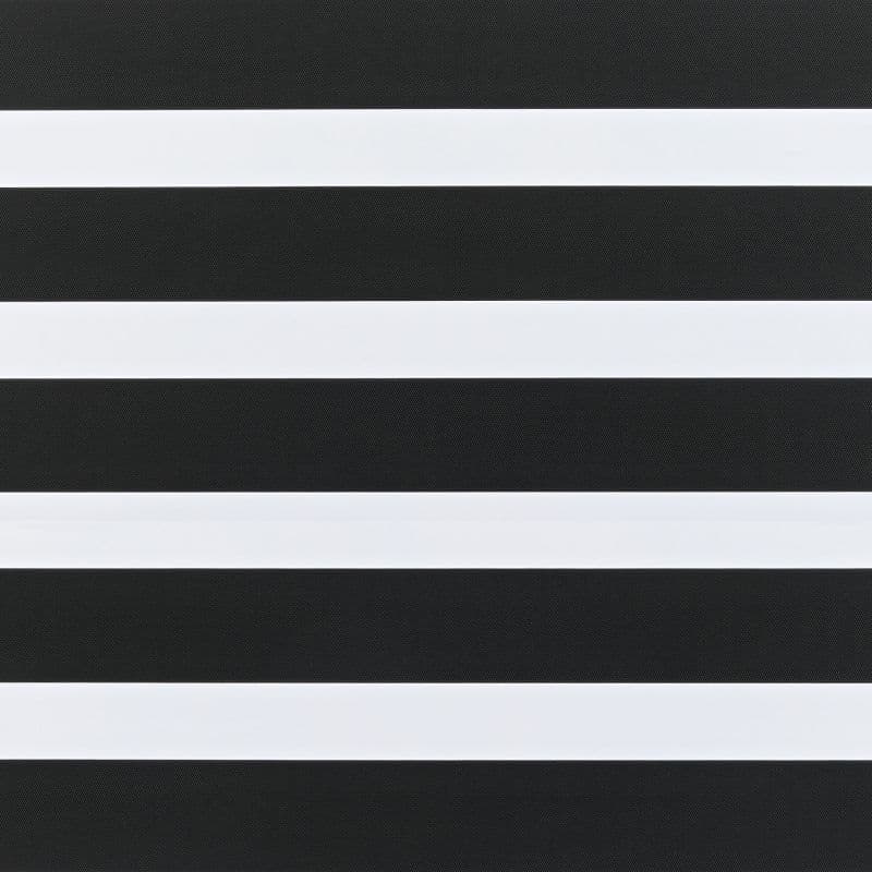 Zebra-style layered roller blind, horizontal alternating opaque white and dark textured black bands covering the window; aligned to form alternating solid and sheer stripes, close-up interior view with even lighting.