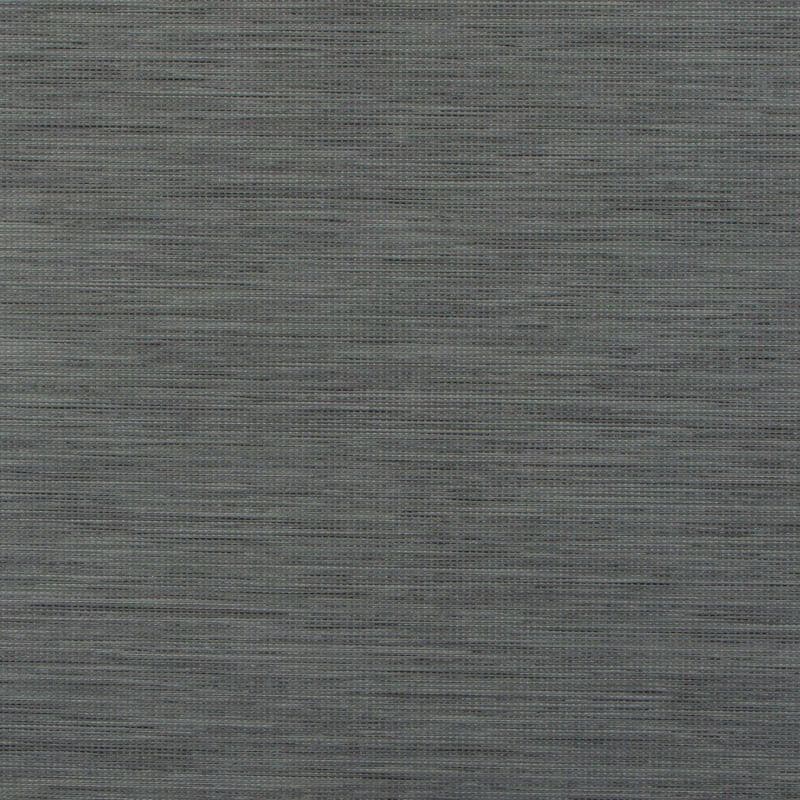 Gray woven roller blind, tightly closed with fine horizontal textured fibers; blocking the view and softly diffusing light, filling an interior frame with even, muted lighting and subtle banding.
