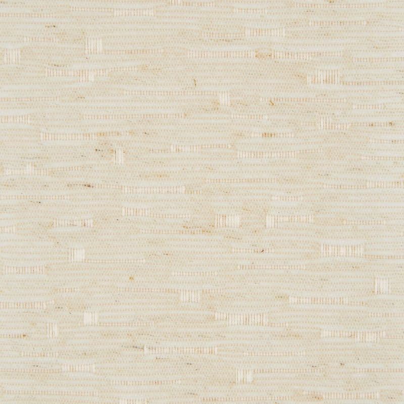 Beige woven grasscloth wallcovering, horizontal staggered fiber strips forming a subtle grid; covering a flat surface as a textured wall finish; evenly lit close-up with neutral, warm tones.