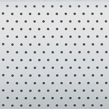 Light gray perforated panel mounted flat, featuring uniform, evenly spaced circular holes; fills the frame, evenly lit, minimal neutral background.