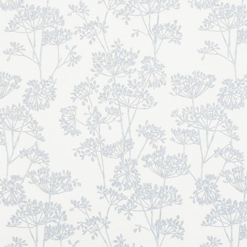 Wallpaper with pale blue, sketch-like umbel floral motifs — repeating across the surface — covering a light interior wall, presenting a soft, airy, low-contrast botanical pattern under diffuse lighting.