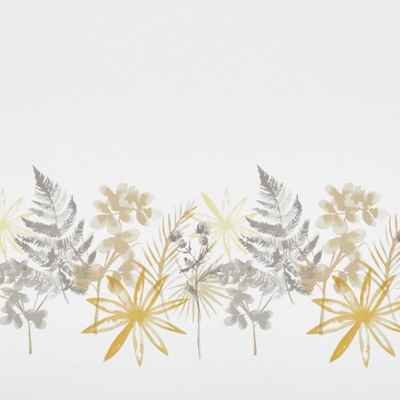 Watercolor botanical border of ferns, palms and star-like flowers along the bottom edge, forming a low horizontal band against a pale off-white background with soft, muted mustard and gray tones.