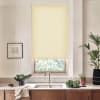 Cream roller blind covers most of a kitchen window, the chrome faucet stands over a double sink; countertop displays a black fruit bowl, dish towel, leafy vegetables, and potted plants.