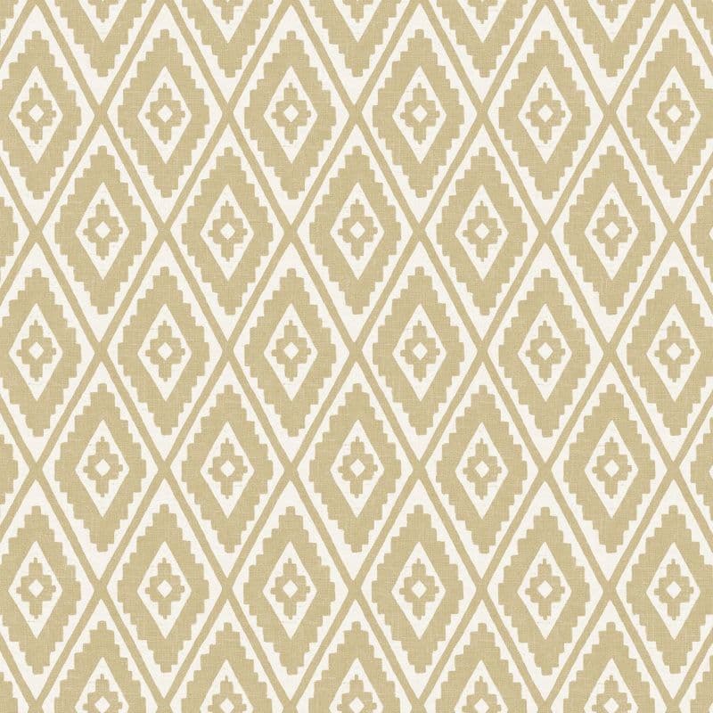 Beige-and-white geometric wallpaper covering a wall, with stepped diamond motifs (object) repeating across the surface (action) in flat, even light with a textile-like texture (context).
