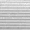 Horizontal pleated blinds, closed, showing alternating light and dark textured bands; filtering soft diffuse light; close-up view filling the frame, neutral grayscale tones suggesting indoor lighting.