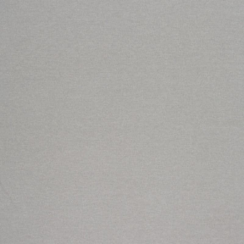 Gray woven fabric curtain, fully drawn flat, linen-like texture blocking light; neutral, softly lit interior with no visible furnishings or exterior view.