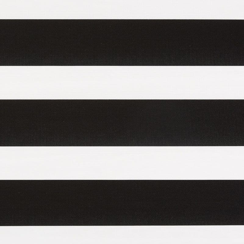 Horizontal black-and-white striped roller blind with wide alternating opaque and translucent fabric bands, closed and aligned, filling the frame; close-up, evenly lit, minimal background, no visible window or room.