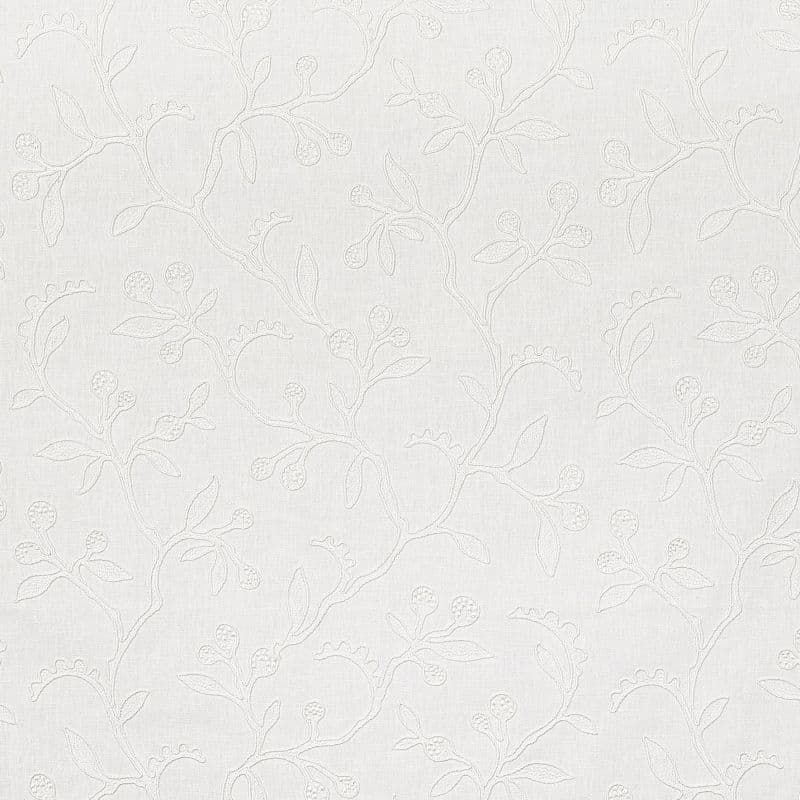 Linen-like fabric with embroidered vine-and-berry motif; raised, tonal stitches repeat across the surface, creating subtle relief and pattern, shown close-up as a soft, neutral, well-lit wallpaper-like textile.