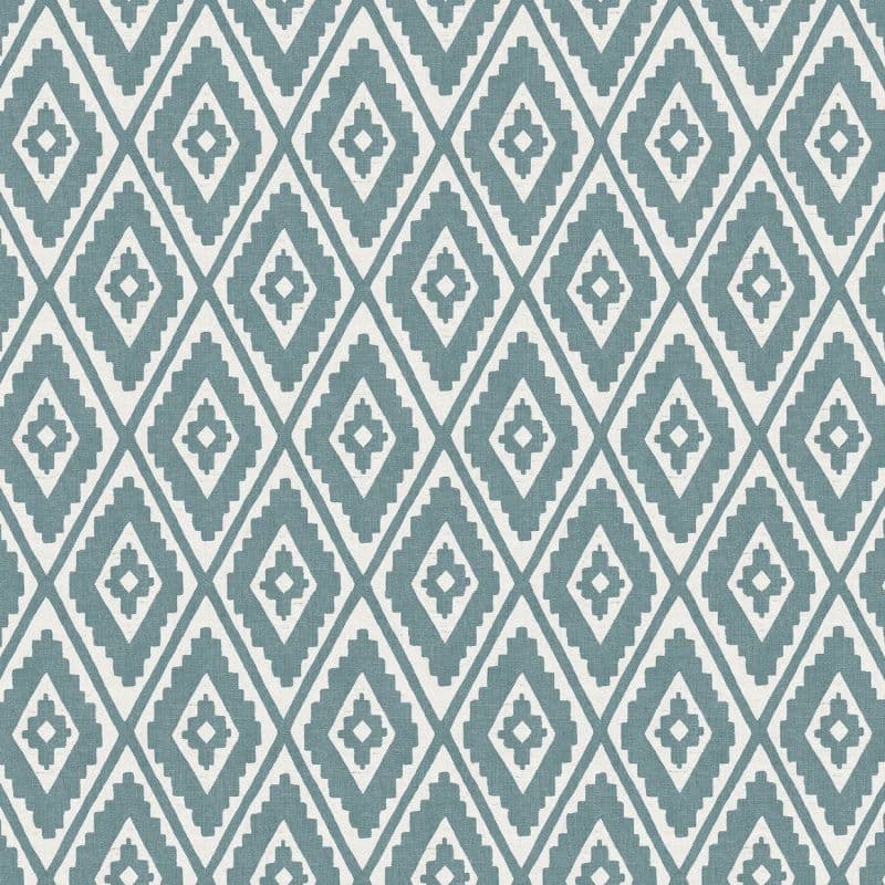 Geometric fabric or wallpaper with teal, stepped diamond motifs arranged in a regular repeating lattice, covering the surface; functioning as decorative wall or upholstery covering in a well-lit interior.