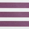 Dual-layer horizontal zebra blind covering a window; alternating textured mauve and white bands lie aligned, partially filtering light; interior view only, even soft lighting.